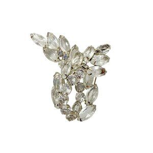 Vintage Silver Tone Open Back Clear Rhinestones Swirl Leaf Brooch